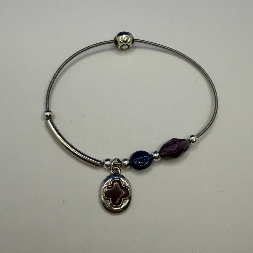 Silver Stretchy Bracelet with Purple and Blue Beads and Cross Pendant